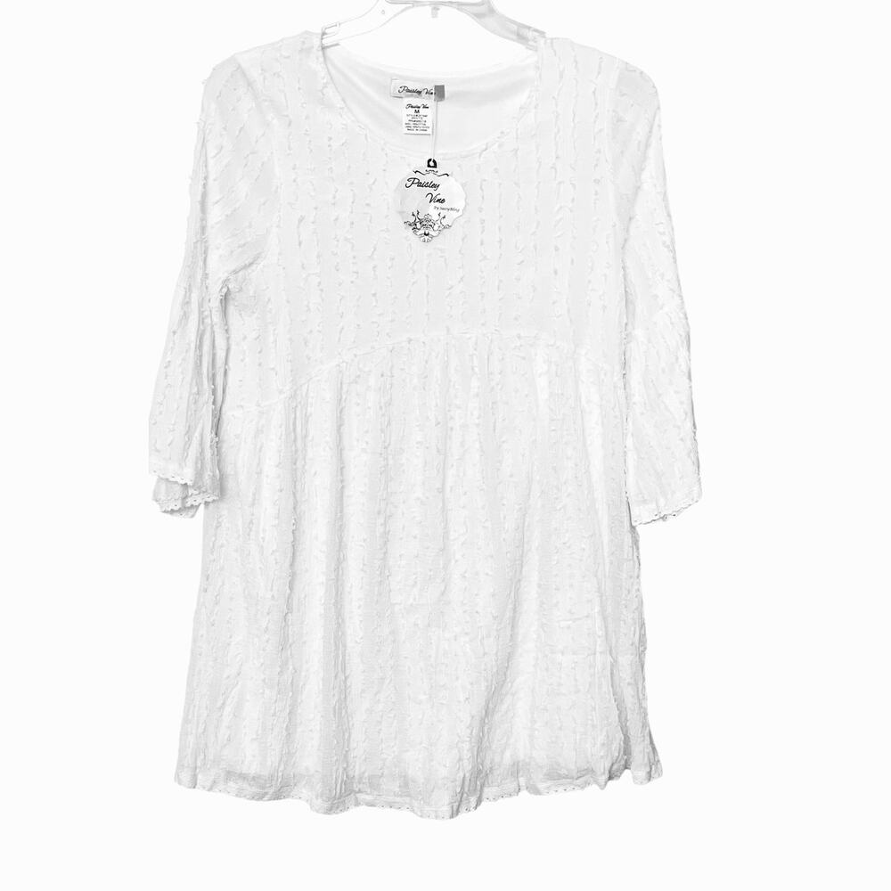 PAISLEY VINE BELL SLV RND NECK MIDI WAIST DRESS, WOMEN, M-WHITE/IVORY, LACE TRIM